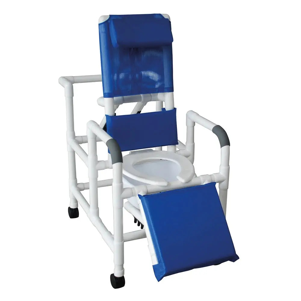 MJM International Reclining shower chair w/deluxe elongated open front commode seat & elevated leg extension, with 10 qt slide out commode pail, 325 lbs wt cap 