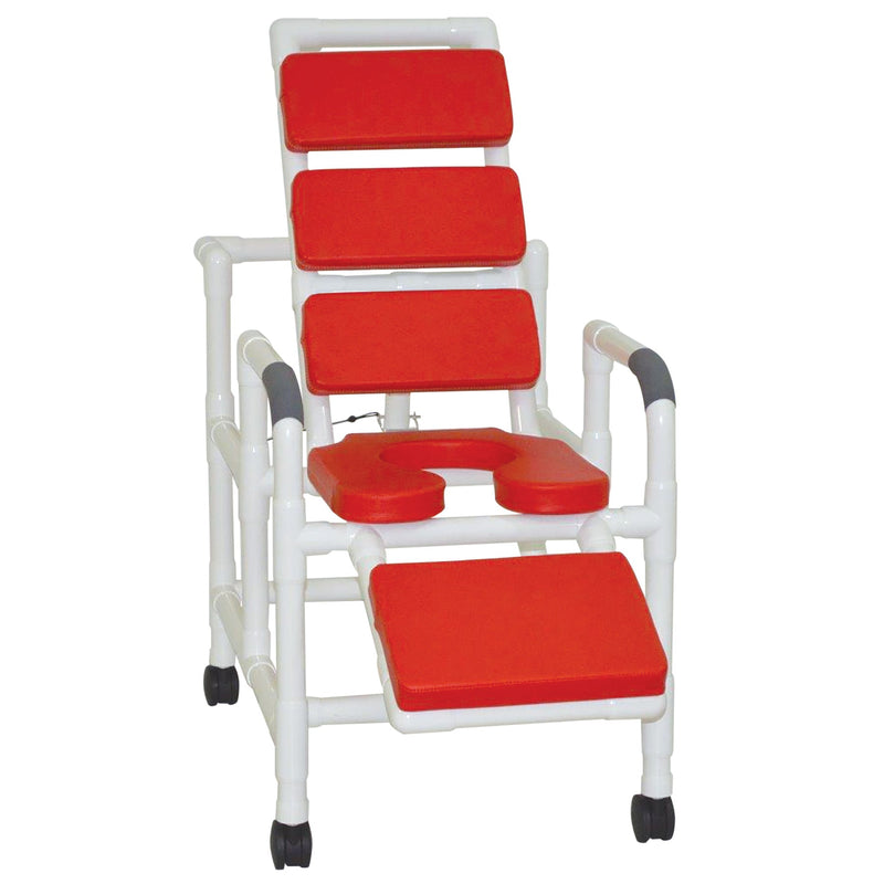 MJM International Reclining TOTAL RED padding shower chair w/ open front soft seat & elevated leg extension, 325 lbs wt cap