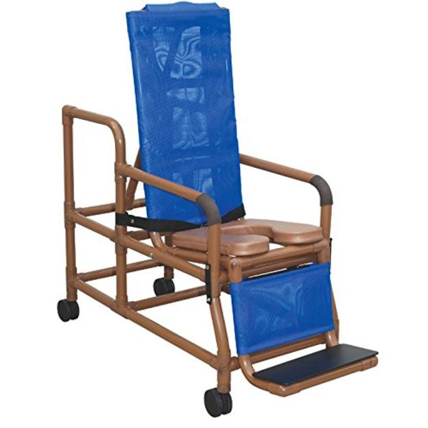MJM International Tilt "n" space shower chair w/ open front soft seat,buckle safety belt, and double drop arm, 5" heavy duty casters, 250 lbs wt cap