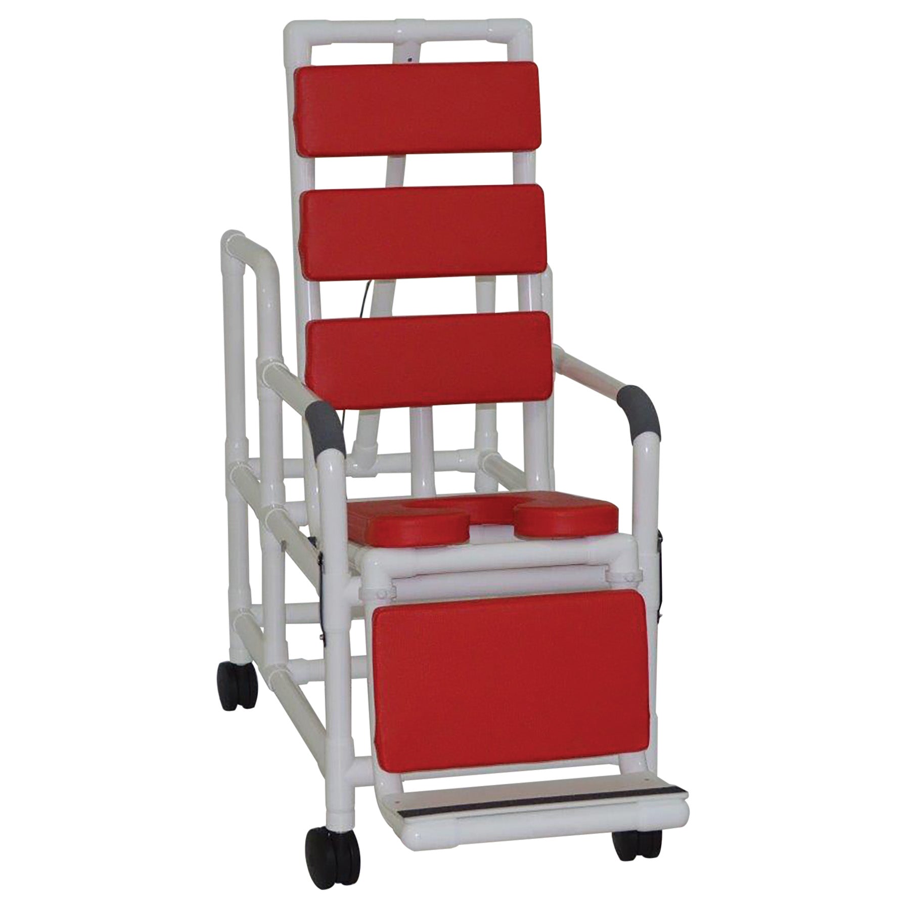 MJM International Tilt "n" space shower chair - TOTAL Red padding shower chair w/ open front soft seat & elevated leg extension, 250 lbs wt cap