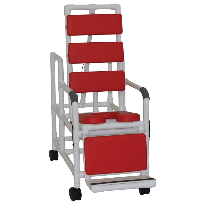 MJM International Tilt "n" space shower chair - TOTAL Red padding shower chair w/ open front soft seat & elevated leg extension, 250 lbs wt cap