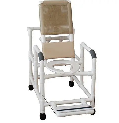 MJM International Reclining shower chair w/deluxe elongated open front commode seat & folding footrest (24" internal width), 325 lbs wt cap 