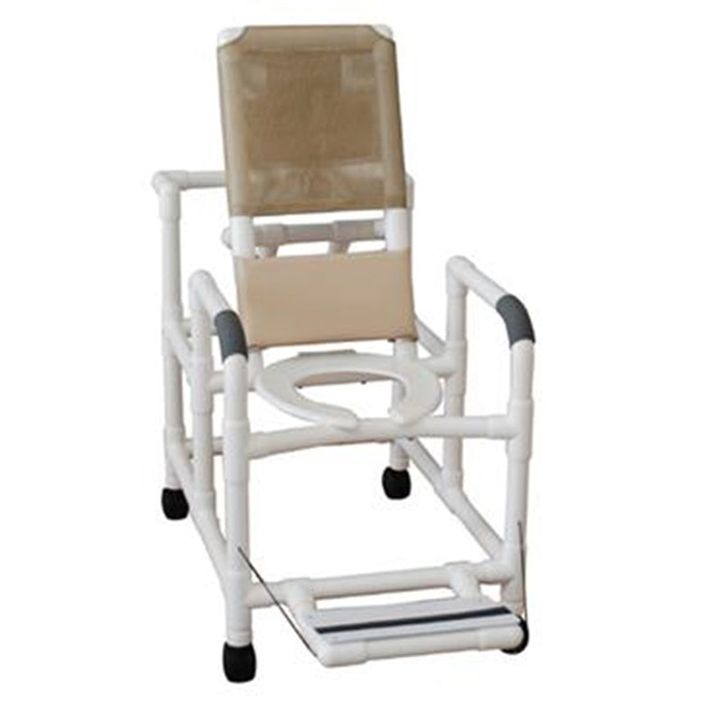 MJM International Reclining shower chair w/deluxe elongated open front commode seat & folding footrest, slide out square commode pail, 325 lbs wt cap