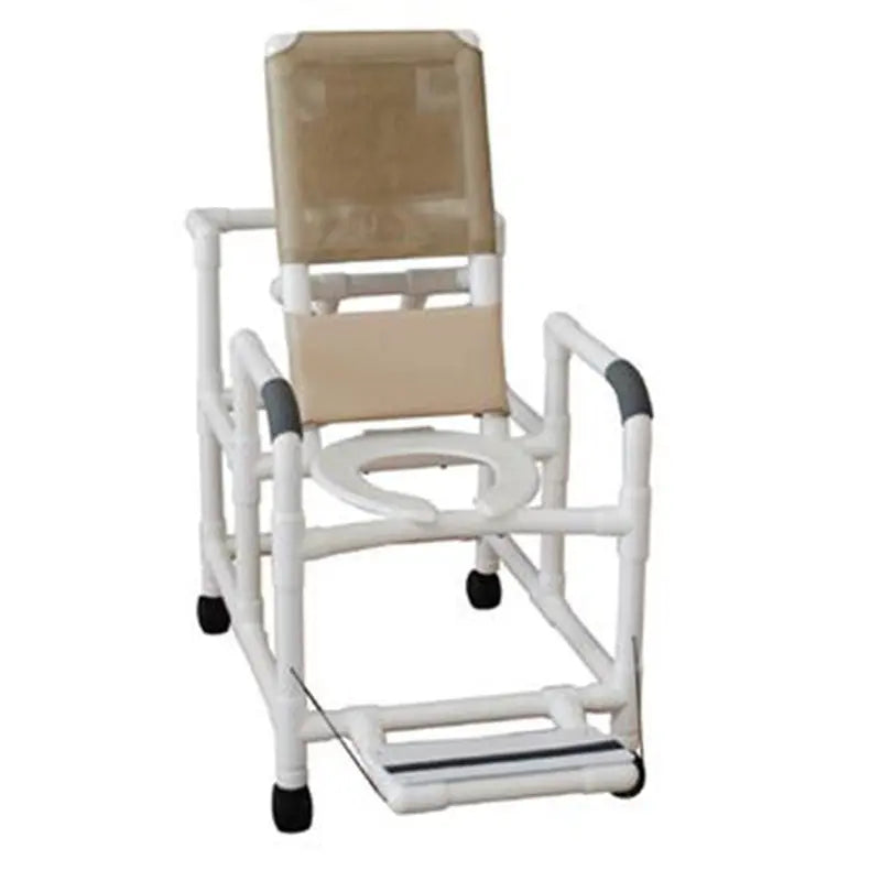MJM International Reclining shower chair w/deluxe elongated open front commode seat & folding footrest, slide out square commode pail, 325 lbs wt cap 