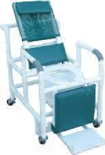 MJM International Reclining shower chair w/deluxe elongated open front commode seat, footrest, padded elevated leg extension, with 10 qt slide out commode pail, 325 lbs wt cap 