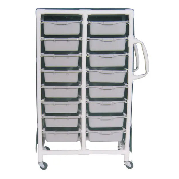 MJM International Specialty cart w/16 pull out tubs & mesh or solid vinyl cover, tub size: 20" x 15" x 5" 