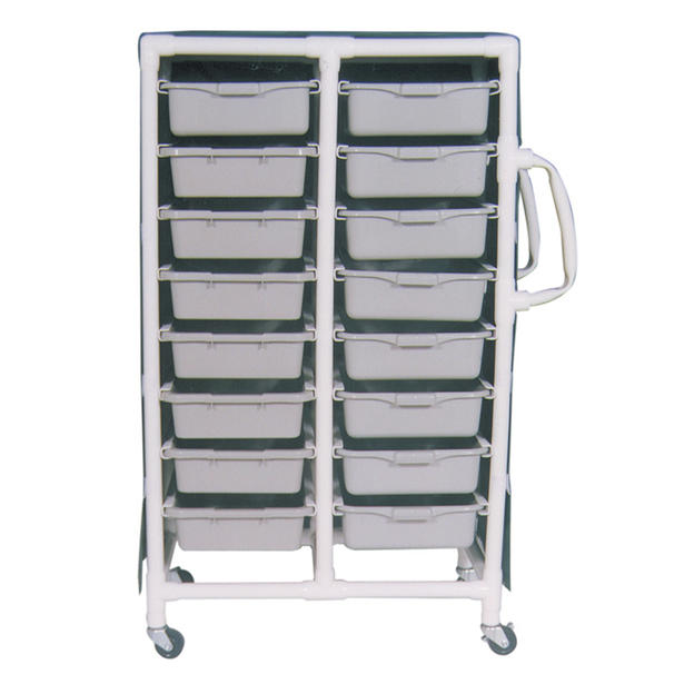 MJM International Specialty cart w/16 pull out tubs & mesh or solid vinyl cover, tub size: 20" x 15" x 5"