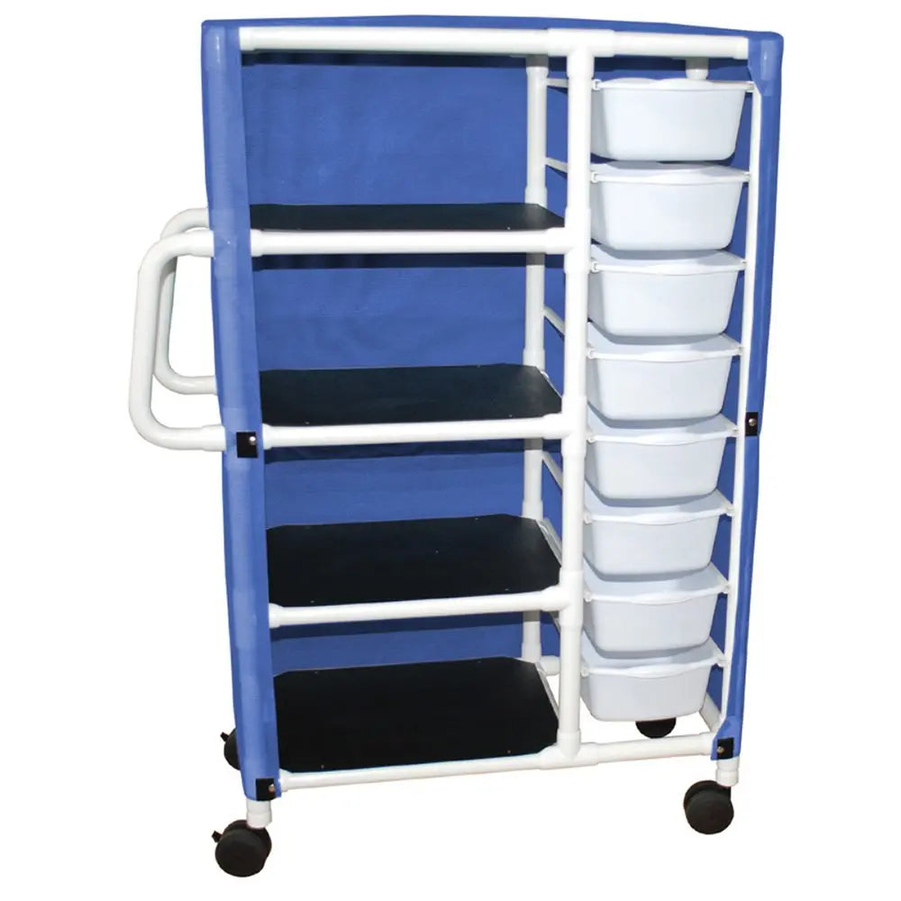 MJM International NON-Magnetic Specialty cart 4 shelves, 8 pull out tubs w/mesh or solid vinyl cover, tub size: 20" x 15" x 5" 