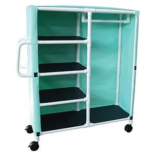 MJM International Combo cart, 1/2 clothes closet 1/2 linen cart w/3 shelves & mesh or solid vinyl cover, shelf size: 20" x 25" 