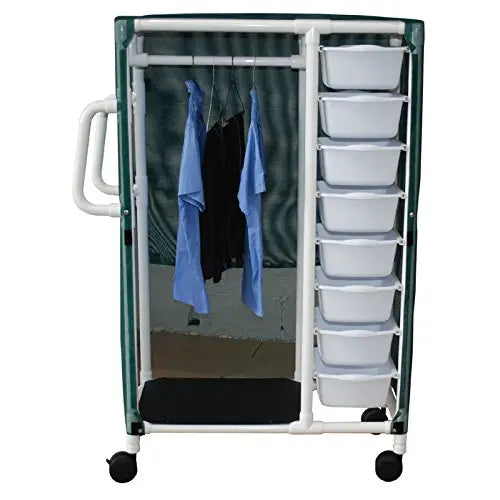 MJM International Specialty cart 16 pull out tubs, hanging space w/mesh or soild vinyl cover, tub size: 20" x 15" x 5"--shelf size: 20" x 25" 