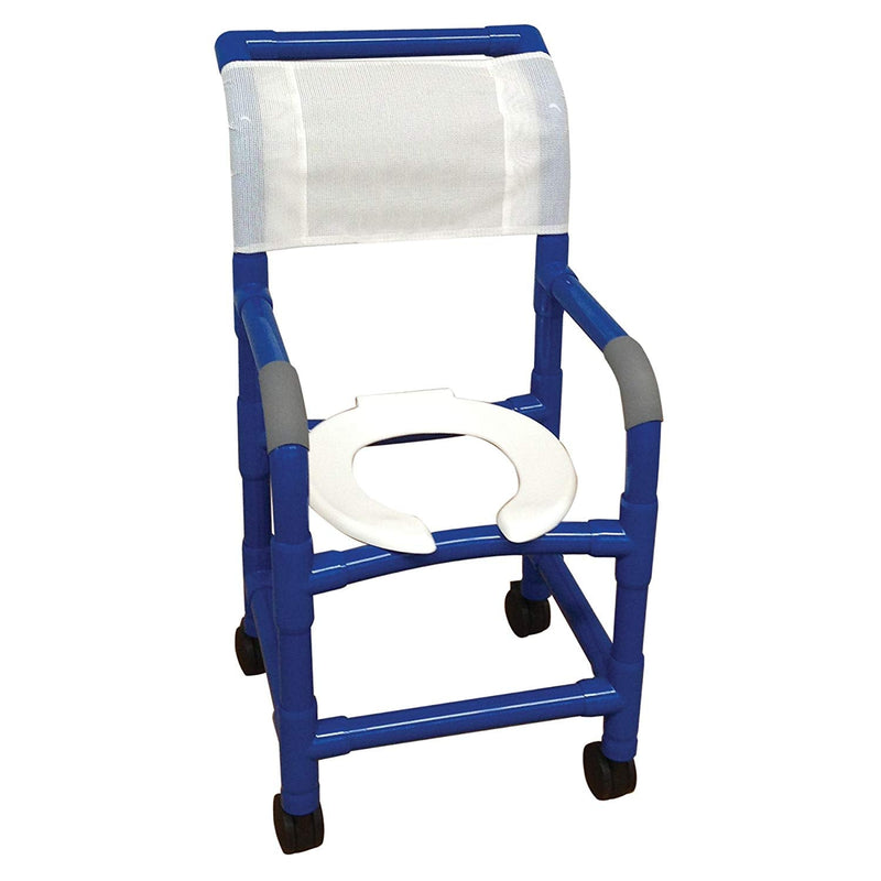MJM International Blue shower chair 15" internal width, for small adult or pediatric needs 3" twin casters, open front seat, 250 LBS cap.
