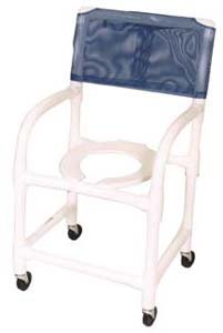 MJM International Echo Shower chair 18" internal width, 3" twin casters 250 lb. capacity , folding footrest, double drop arm, 10 quart pail