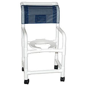 MJM International Echo Shower chair 18" internal width, 3" twin casters 250 lb. capacity , folding footrest, lap security bar, 10 quart pail