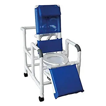 MJM International Echo Reclining shower chair w/deluxe elongated open front commode seat, elevating leg rest, 3" twin casters 250 lb. Capacity 