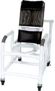 MJM International Echo Reclining shower chair w/deluxe elongated open front commode seat, 3" twin casters 250 lb. Capacity