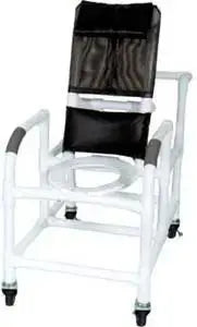 MJM International Echo Reclining shower chair w/deluxe elongated open front commode seat, 3" twin casters 250 lb. Capacity 