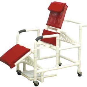 MJM International Echo Reclining shower chair w/deluxe elongated open front commode seat, sliding footrest - elevating legrest, 4" twin casters 300 lb capacity