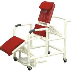 MJM International Echo Reclining shower chair w/deluxe elongated open front commode seat, sliding footrest - elevating legrest, 4" twin casters 300 lb capacity 