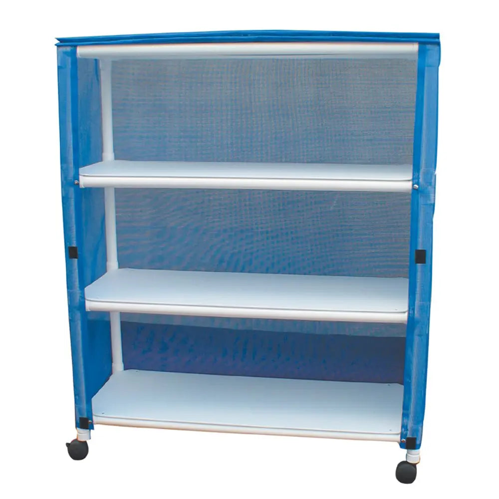 MJM International Echo 3-shelf jumbo linen cart w/mesh or solid vinyl cover, shelf size 20" x 50", 150 lbs per shelf 