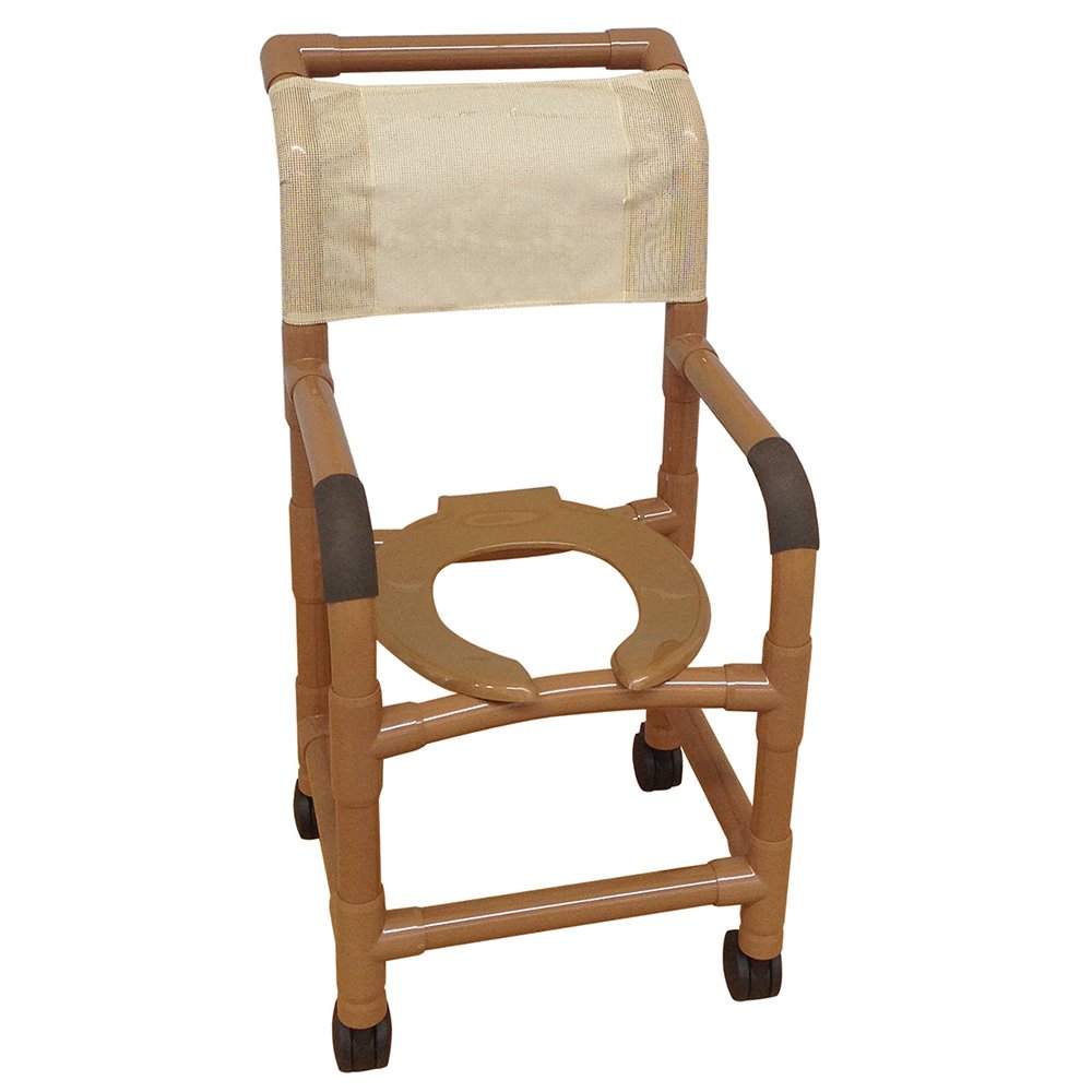 MJM International Woodtone shower chair 15" internal width, for small adult or pediatric needs 3" twin casters, open front seat, 250 LBS cap.
