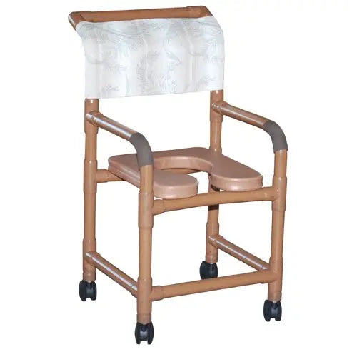 MJM International Woodtone Shower Chair 18" Internal Width, Open Front Seat, 3" Twin Casters, 300 Lbs Weight Capacity 