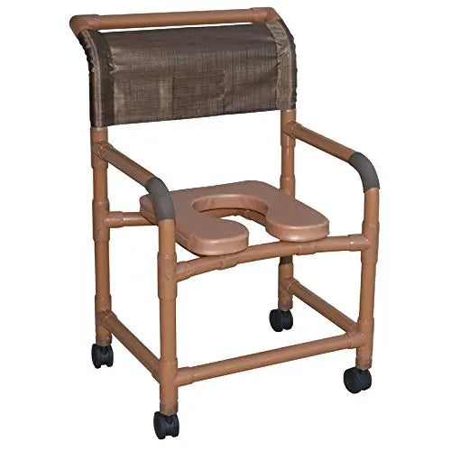 MJM International Woodtone shower chair 22" internal width, 3" TOTAL LOCK casters w/ full support snap on seat and 10 qt slide out commode pail, 375 lbs wt cap 
