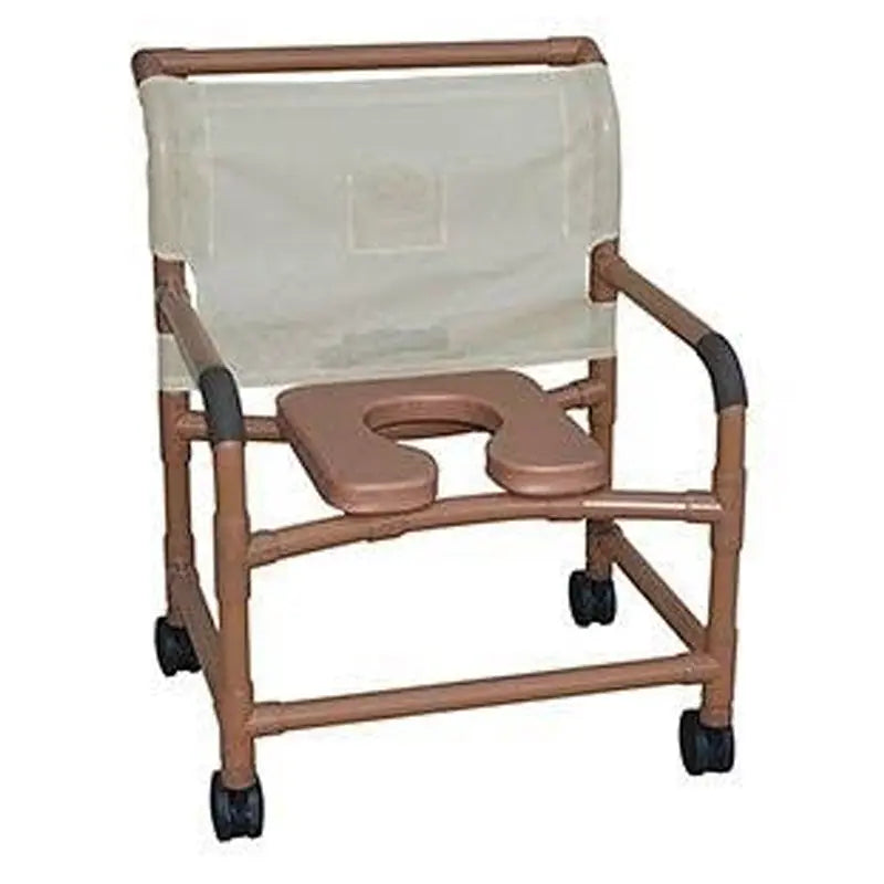 MJM International Woodtone wide shower chair 22" internal width, 3" twin casters, w/ deluxe elongated open front soft seat 375 lbs wt cap 
