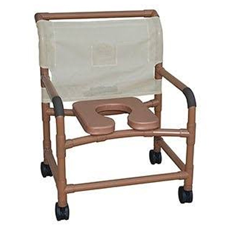 MJM International Woodtone wide shower chair 22" internal width, 3" twin casters, w/ deluxe elongated open front soft seat 375 lbs wt cap