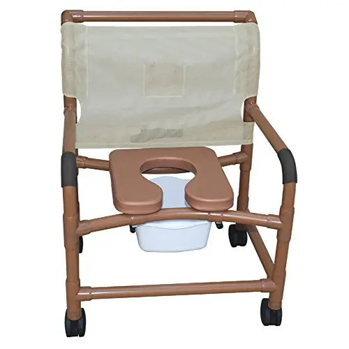 MJM International Woodtone extra-wide shower chair 26" internal width, open front seat 4" casters, no bar in back, no commode pail 425 lbs wt cap 
