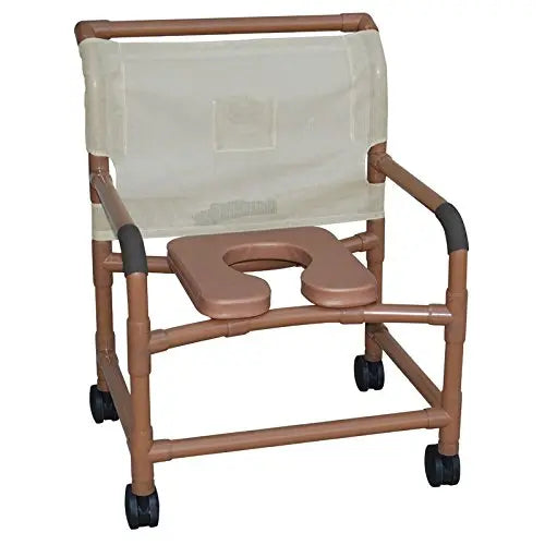 MJM International Woodtone bariatric shower chair 26" internal width, open front seat, (6-5" twin casters), 10qt pail and double drop arms,600 lb wt cap 