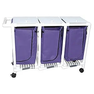 MJM International Woodtone Triple Hamper with Mesh Bags (14.46 Gal Cap per Bag) 3" Twin Casters, Zipper Opening Base Support for Bag, Push-Pull Handle & Footpedal 