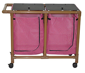 MJM International Woodtone double hamper w/mesh bag (25.71 gal cap per bag) 3" twin casters, zipper opening, base support for bag, push-pull handle & footpedal