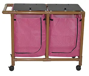 MJM International Woodtone double hamper w/mesh bag (25.71 gal cap per bag) 3" twin casters, zipper opening, base support for bag, push-pull handle & footpedal 