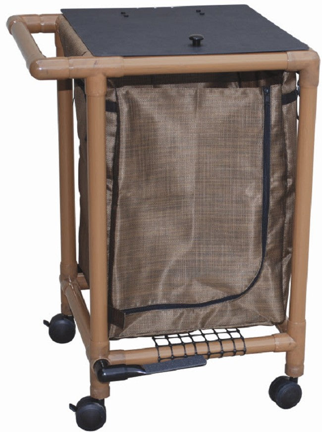 MJM International Woodtone Single Hamper with Mesh Bag (25.71 Gal Cap) 3" Twin Casters, Zipper Opening, Base Support for Bag, Push-Pull Handle
