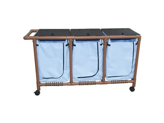 MJM International Woodtone triple hamper w/mesh bags (25.71 gal cap per bag) 3" twin casters, zipper opening, base support for bag, push-pull handle & footpedal 