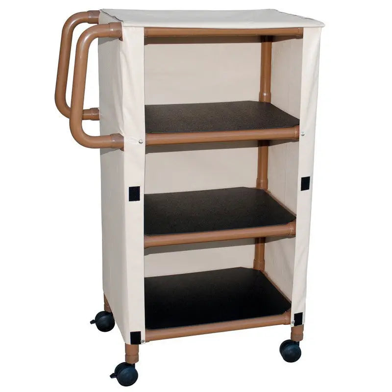 MJM International Woodtone 4-shelf mini-linen cart w/mesh or solid vinyl cover, shelf size: 20" x 25", 75 lbs per shelf 