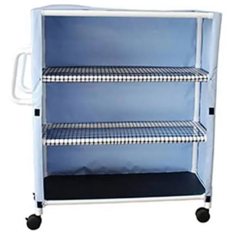 MJM International Woodtone 3-shelf linen cart with open area shelf system, w/ mesh or solid vinyl cover,shelf size: 20" x 45", 125 lbs per shelf 