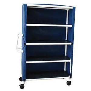 MJM International Woodtone 4-shelf jumbo linen cart w/mesh or solid vinyl cover, shelf size: 24" x 50", 175 lbs per shelf 