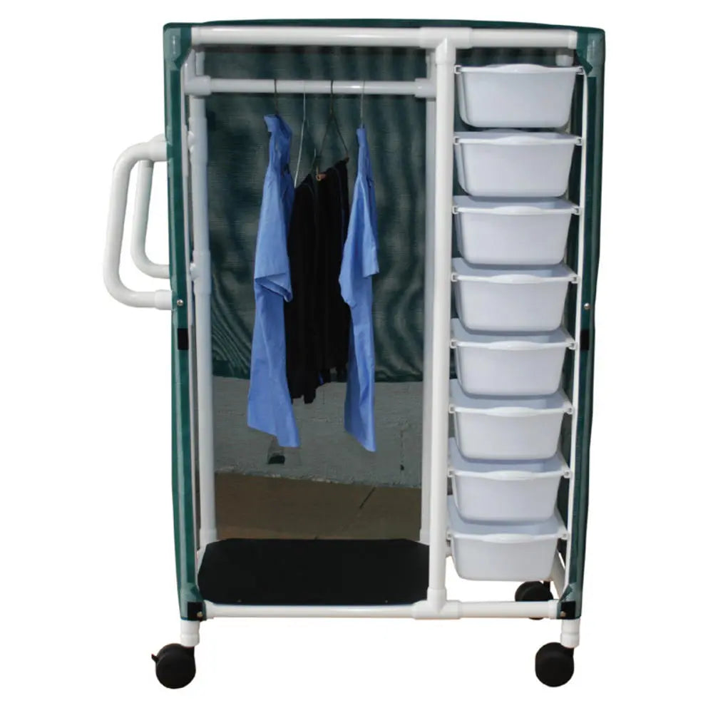 MJM International Woodtone Specialty cart 8 pull out tubs, hanging space w/mesh or solid vinyl cover, tub size: 20" x 15" x 5"--shelf size: 20" x 25" 