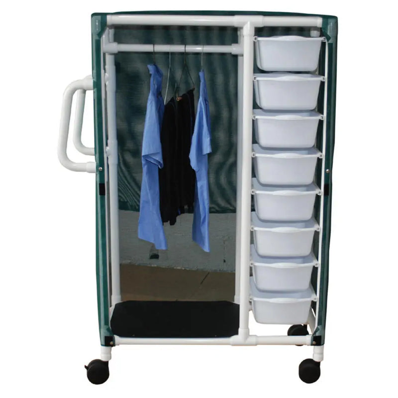 MJM International Woodtone Specialty cart 8 pull out tubs, hanging space w/mesh or solid vinyl cover, tub size: 20" x 15" x 5"--shelf size: 20" x 25" 