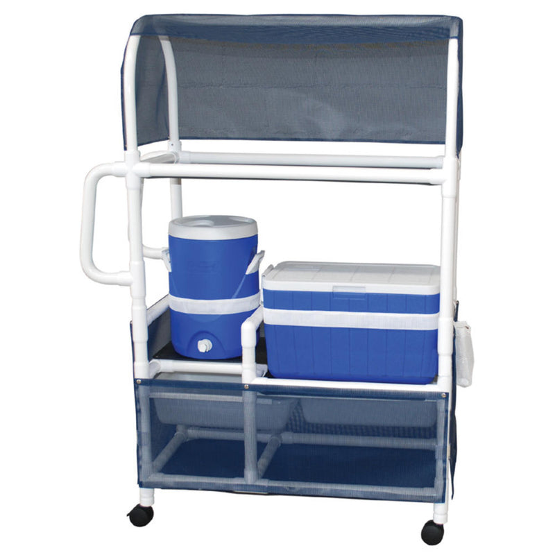 MJM International Woodtone Hydration / ice cart, 48 quart ice chest, 5 gallon water cooler, w/skirt cover panels & canopy standard mesh