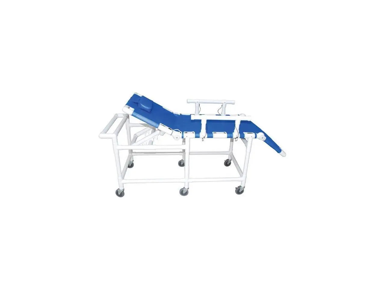 MJM International Woodtone Sling gurney w / reclined (ratchet for leg rest) & elevated headrest, 450 lbs wt cap 
