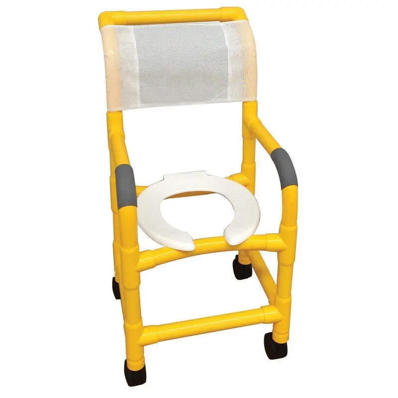 MJM International Yellow shower chair 15" internal width, for small adult or pediatric needs 3" twin casters, open front seat, 250 LBS cap. 