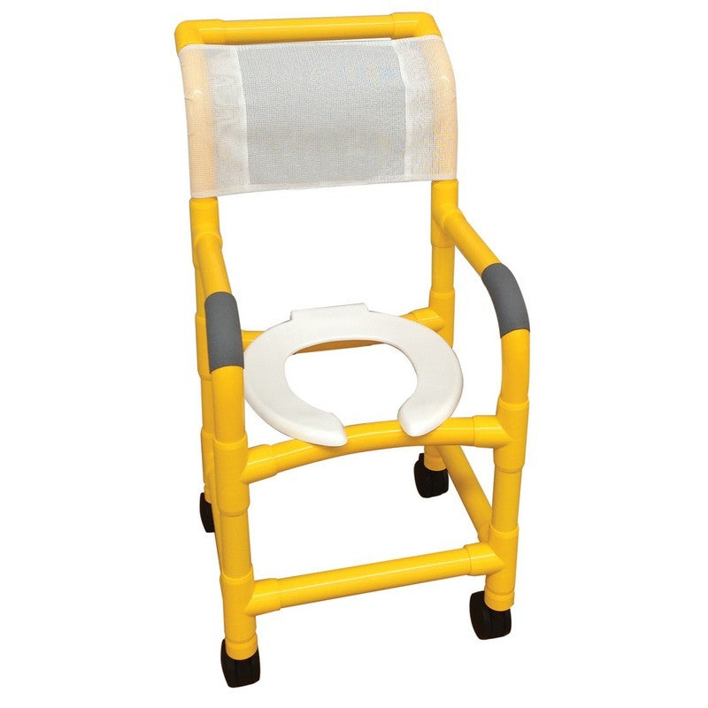 MJM International Yellow shower chair 15" internal width, for small adult or pediatric needs 3" twin casters, open front seat, 250 LBS cap.