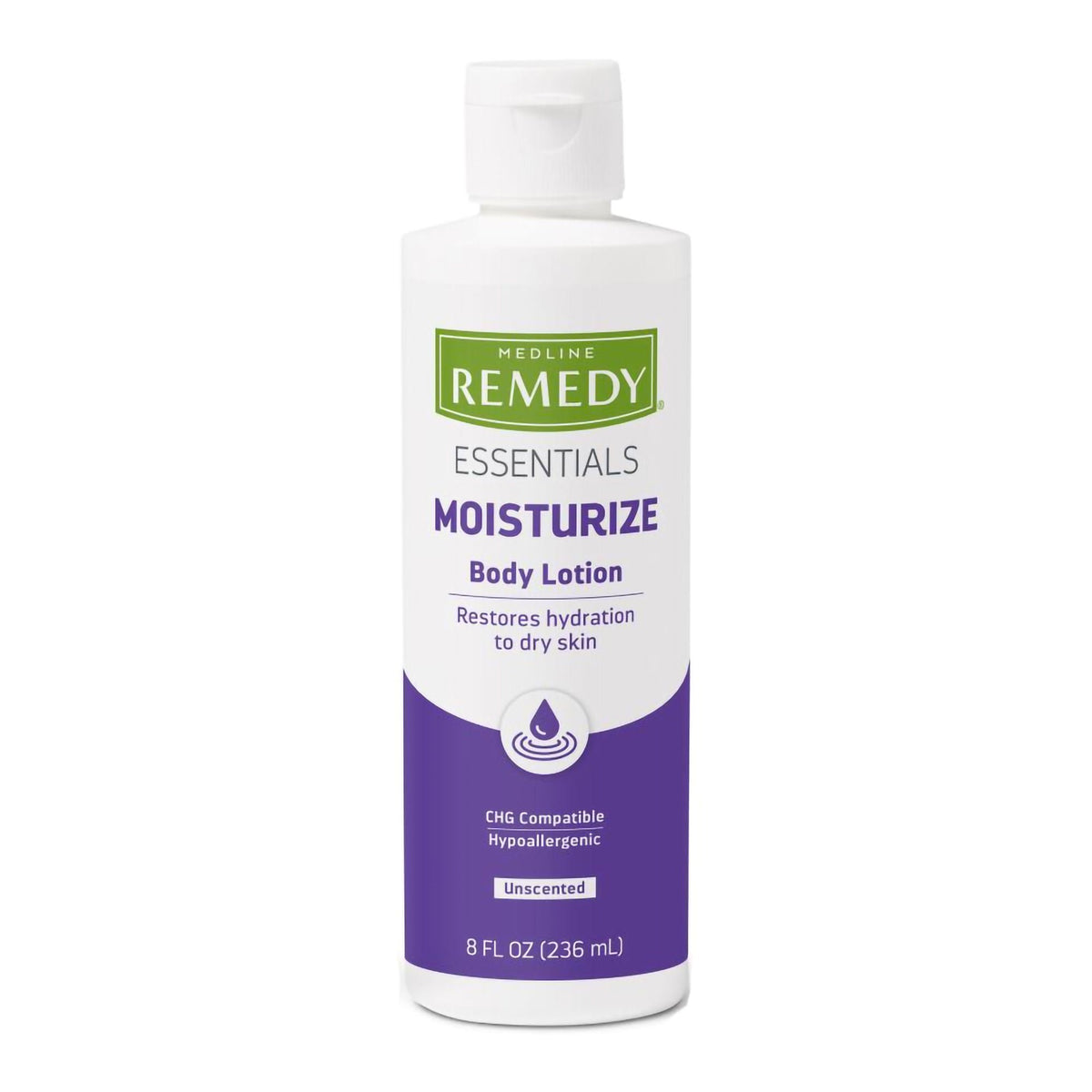 Hand and Body Moisturizer Medline Remedy Essentials Moisturize 8 oz. Bottle Unscented Lotion CHG Compatible (Case of 36)