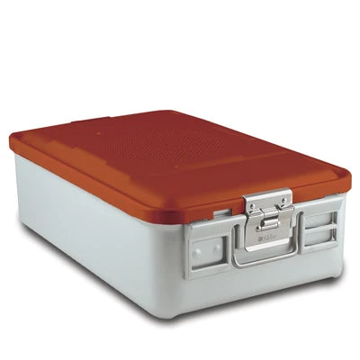 SklarLite Sterilization Container - Mid-Size, Standard Lid, Perforated Bottom, 18-1/4" x 11" x 5", Red - 10-4362 