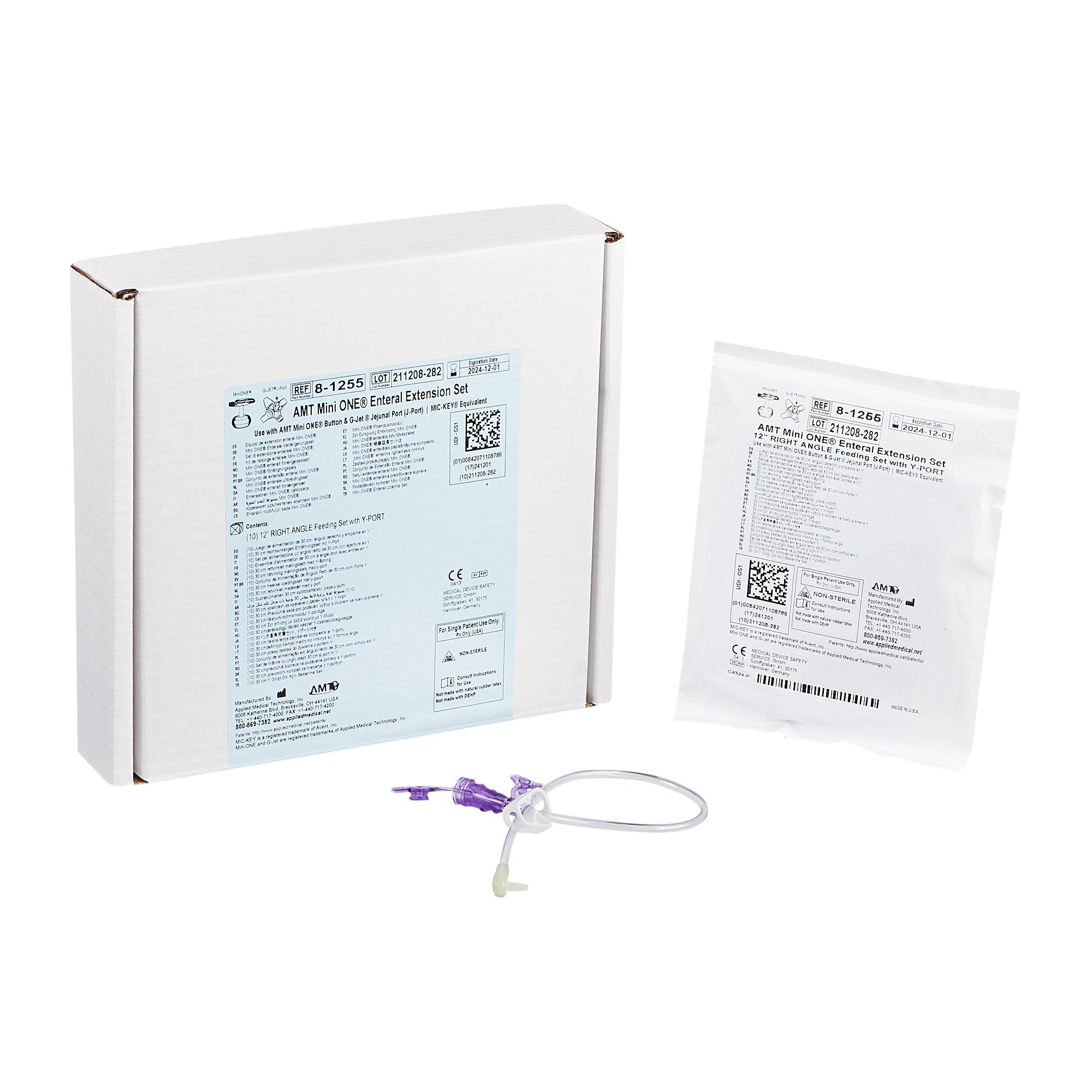 Right Angle Connector with Y-Port Adapter Mini ONE 12 Inch, Purple For Balloon and Non-Balloon Button Mini ONE Enteral Feeding Extension Sets 