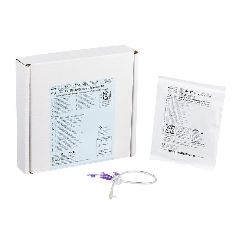 Right Angle Connector with Y-Port Adapter Mini ONE 12 Inch, Purple For Balloon and Non-Balloon Button Mini ONE Enteral Feeding Extension Sets 