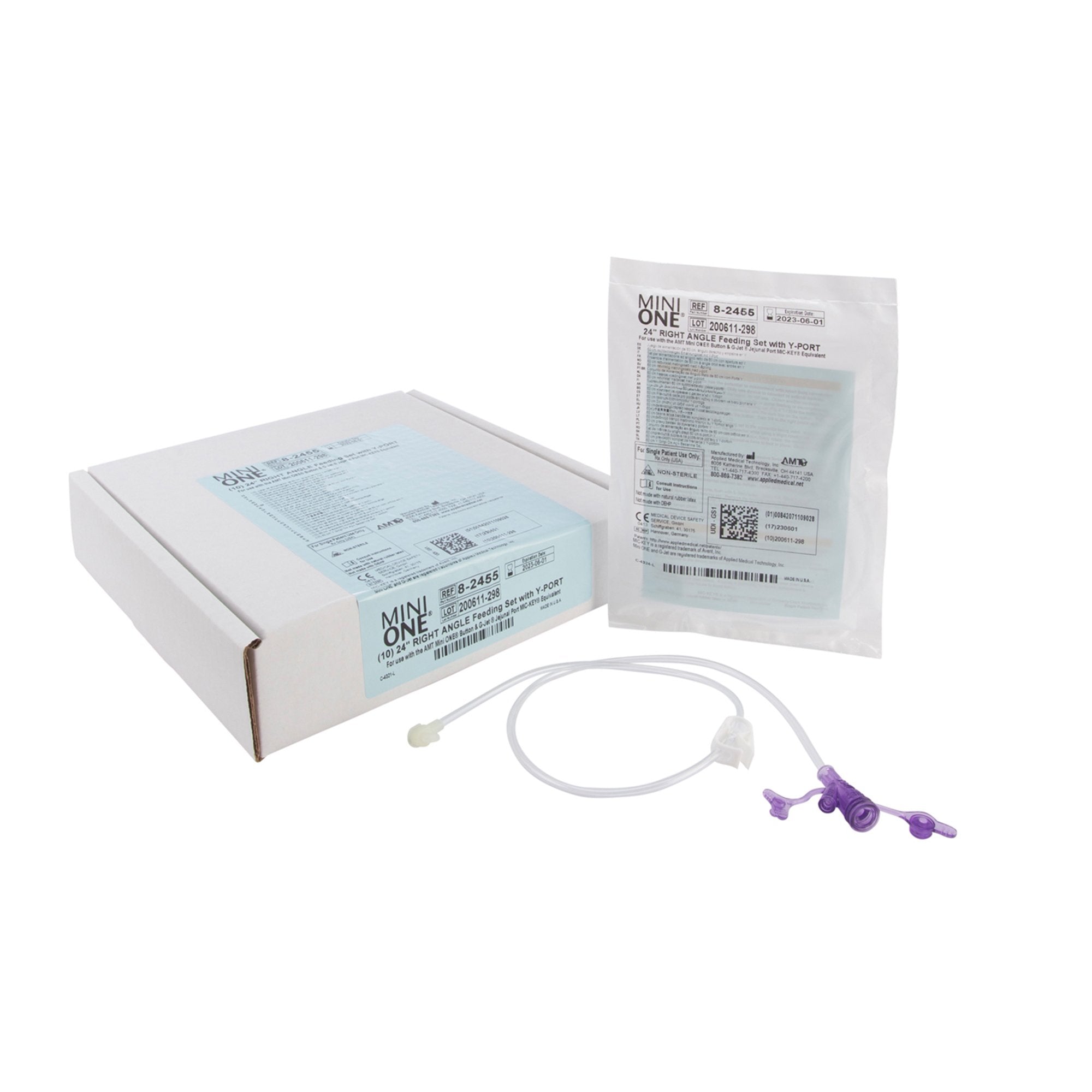 Right Angle Connector with Y-Port Adapter Mini ONE 24 Inch, Purple For Balloon and Non-Balloon Button Mini ONE Enteral Feeding Extension Sets 