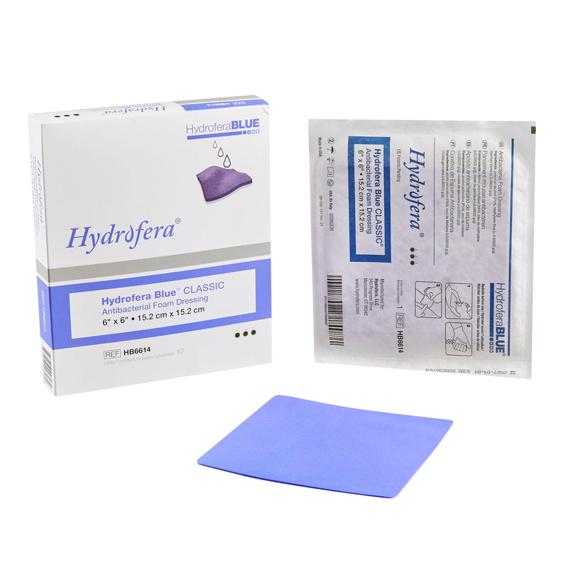 Antibacterial Foam Dressing Hydrofera BLUE Classic 6 X 6 Inch Without Border Without Film Backing Nonadhesive Square Sterile (Box of 10)
